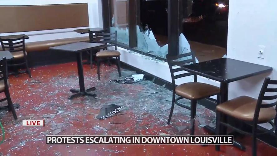 Shattered window, downtown Louisville, Breonna Taylor protests May 29/30