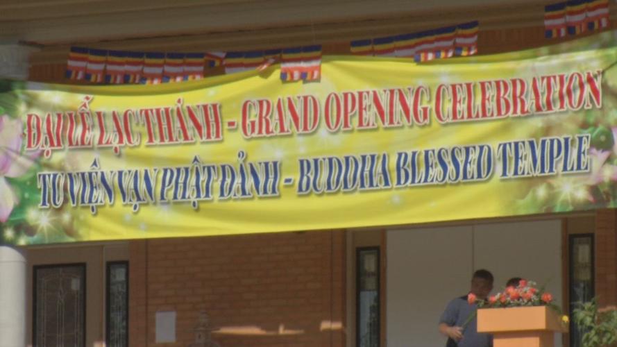 Sign at Buddhist temple opening