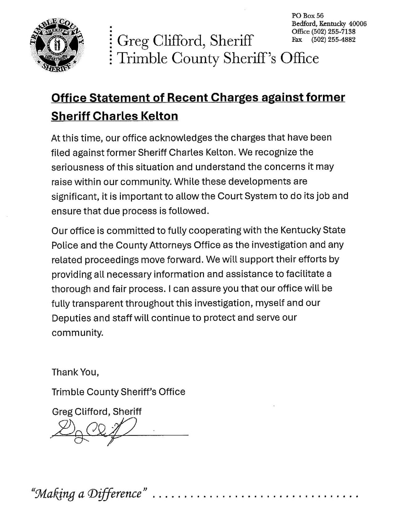 Trimble County Sheriff's statement 11-3-2025