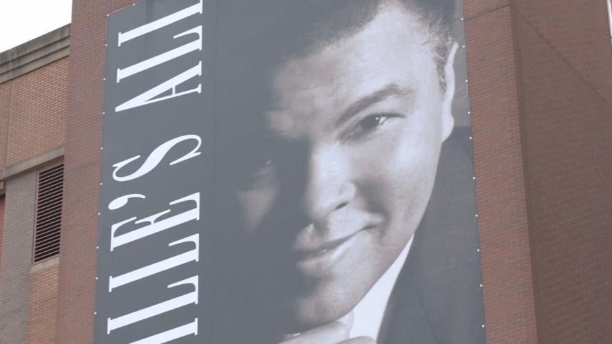 Newly refurbished Muhammad Ali banner hung on June 28, 2022 as part of Hometown Heroes campaign