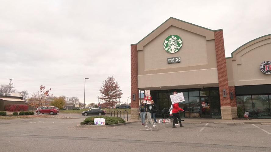 Louisville Starbucks workers strike outside Factory Lane location