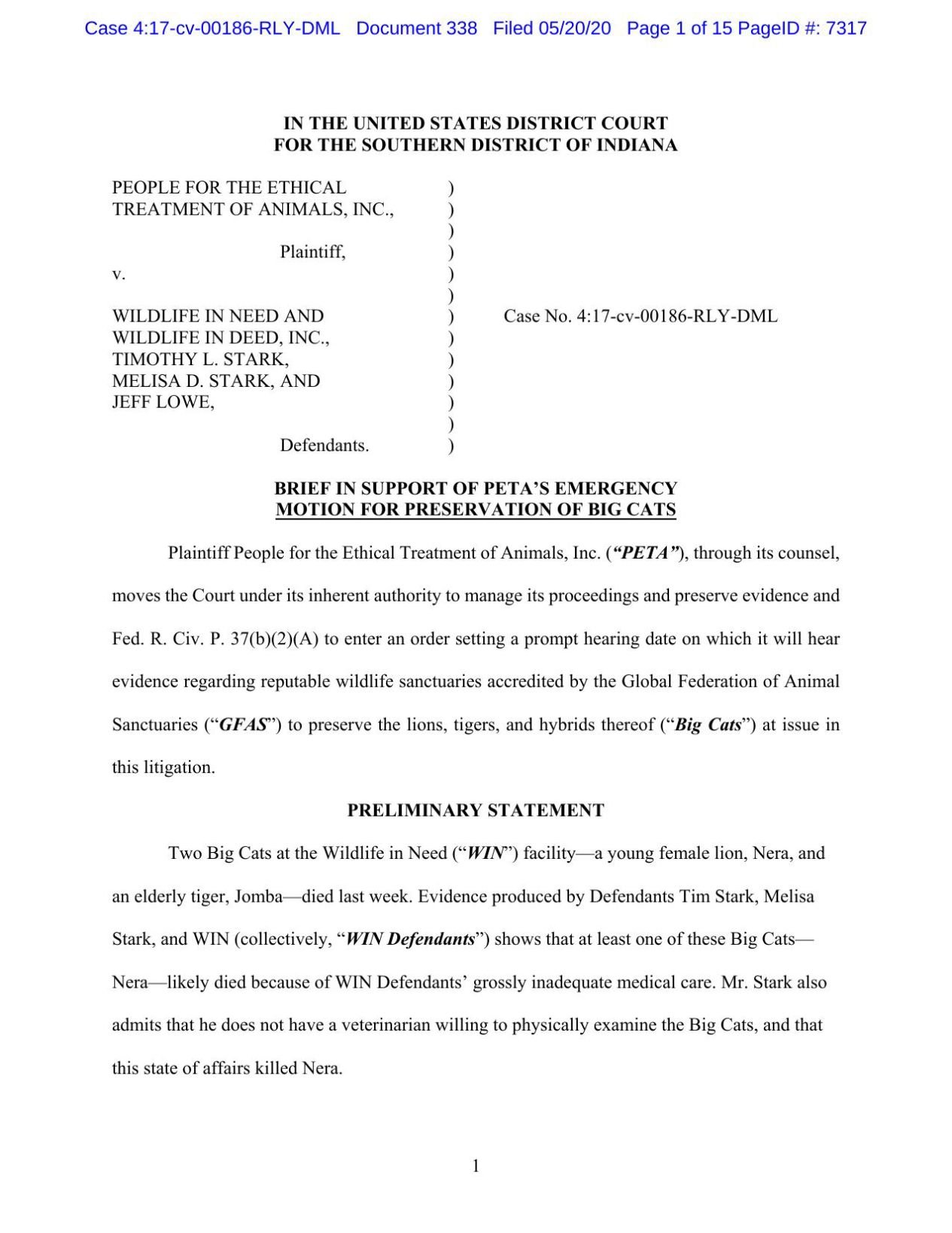 PETA brief involving Wildlife in Need