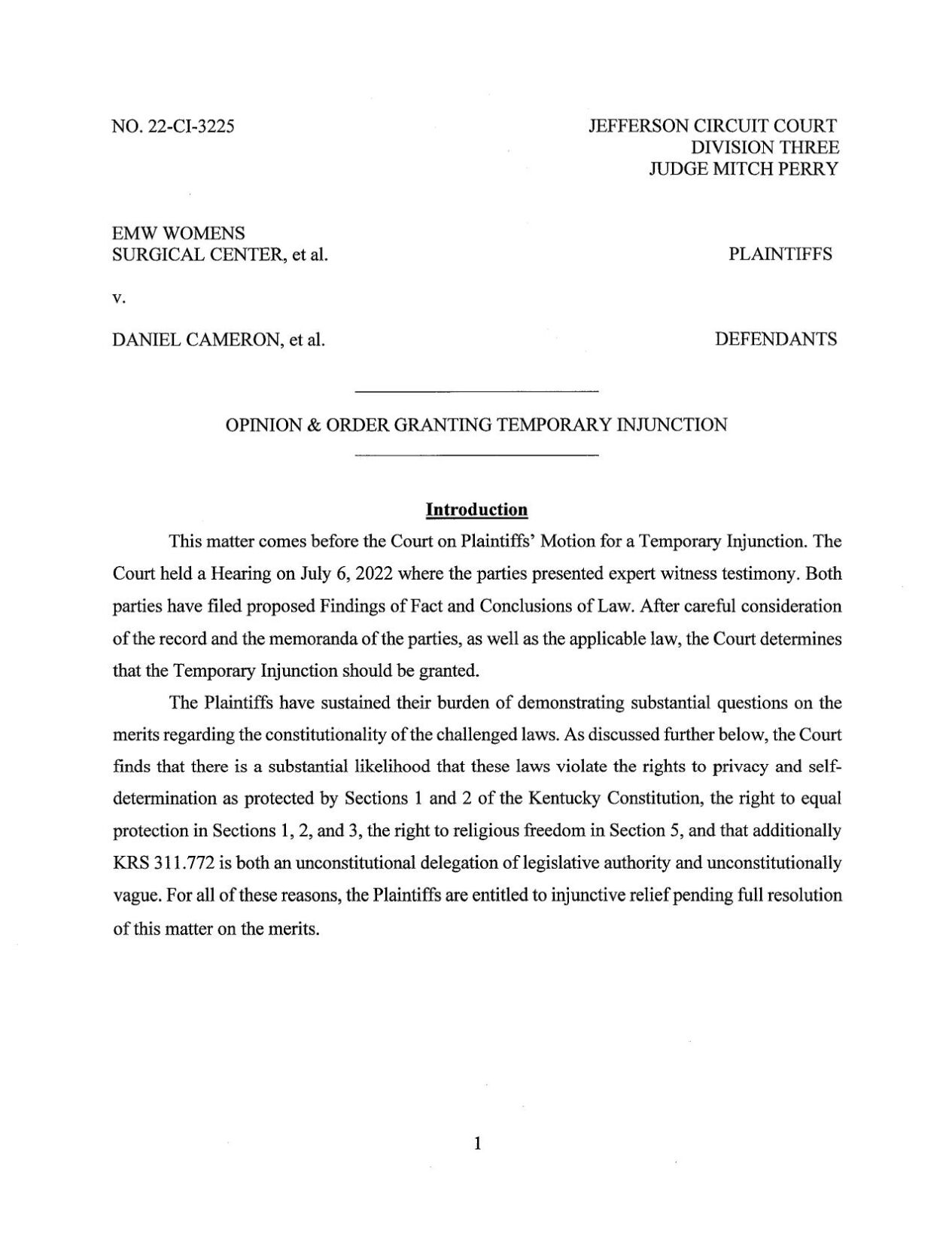 Temporary Injunction on abortion issued by Judge Mitch Perry on July 22, 2022