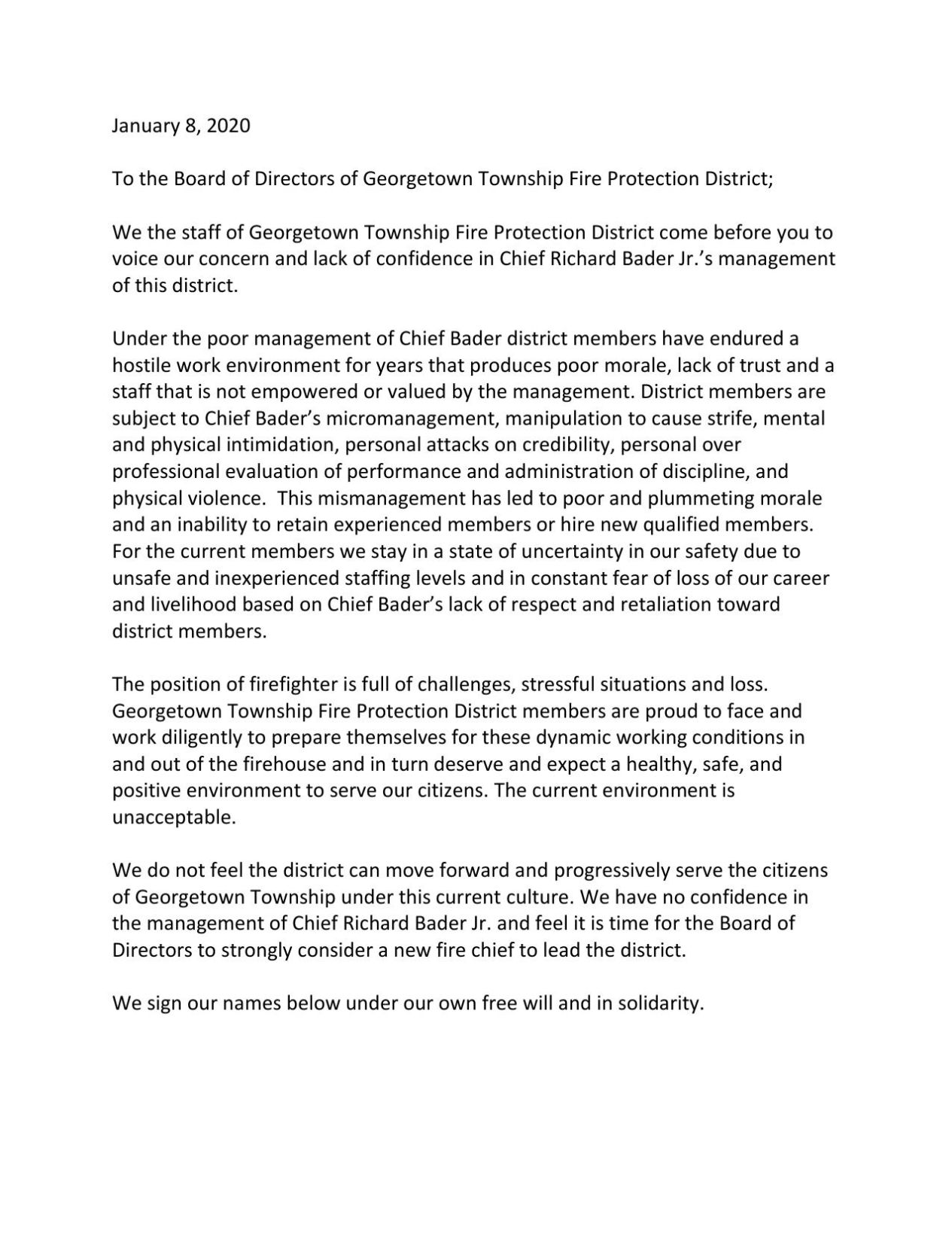 Georgetown Fire letter of no confidence