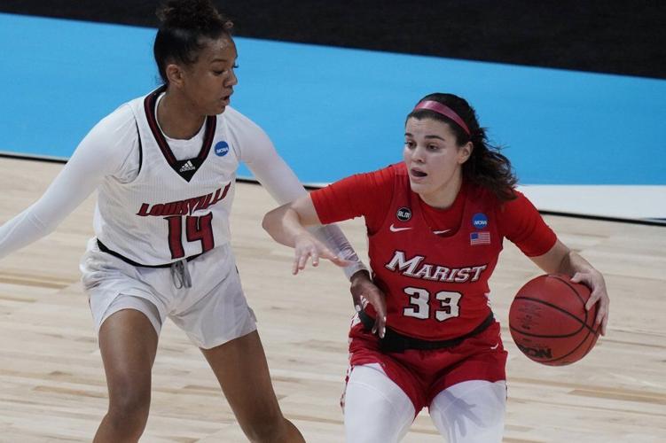 Marist guard Kendall Krick (33) is pressured by Louisville guard Kianna Smith
