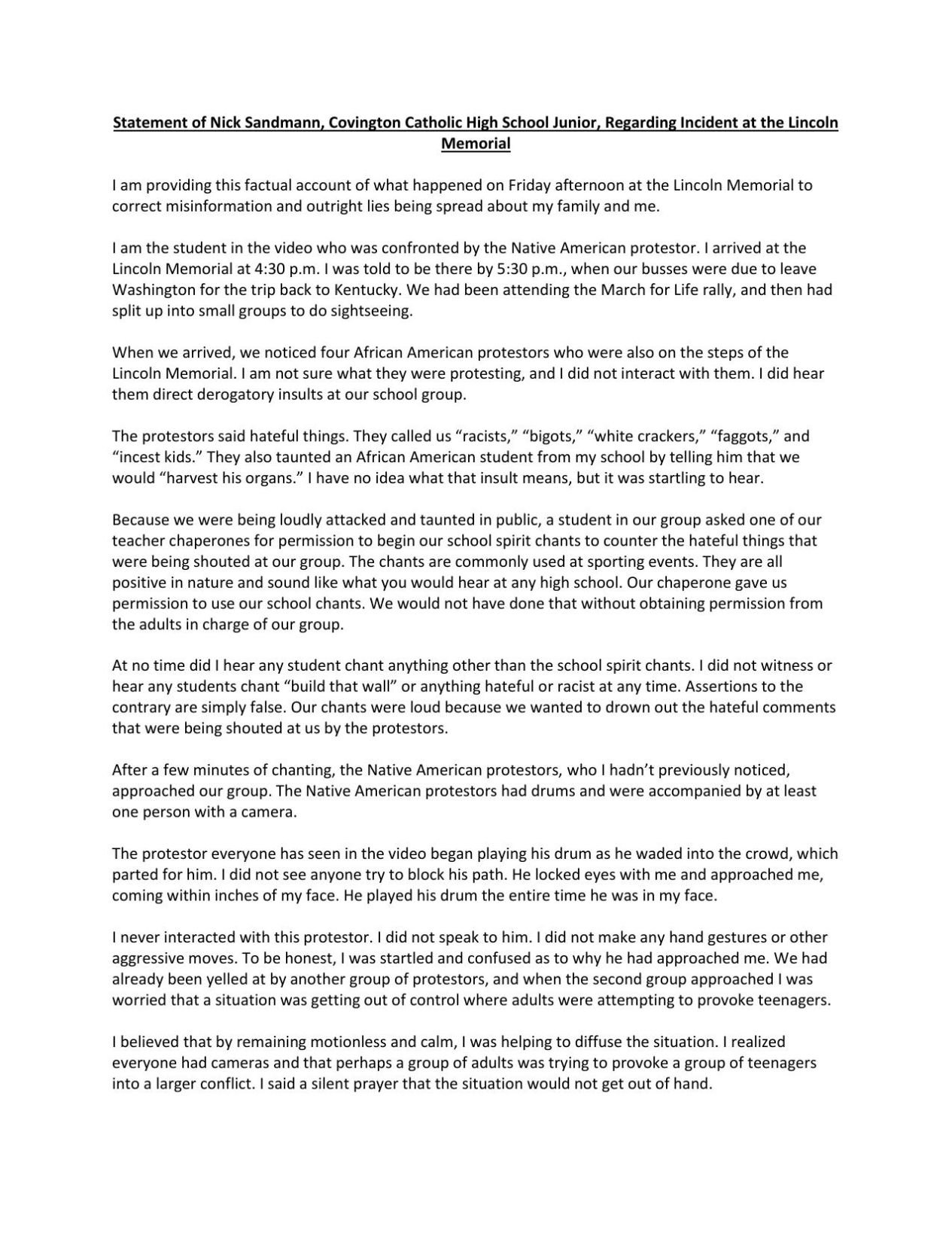 Statement of Nick Sandmann, Covington Catholic High School Junior