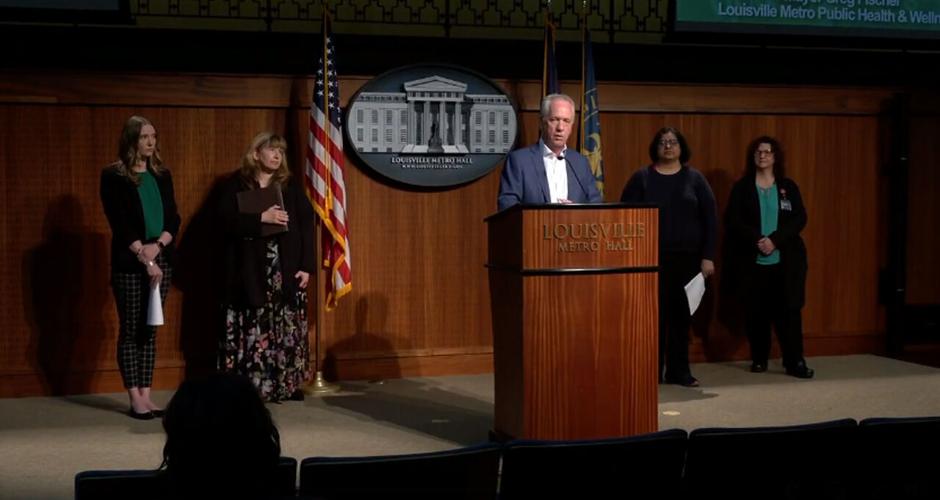 Louisville Mayor Greg Fischer holds COVID-19 news conference in City Hall on March 15, 2022