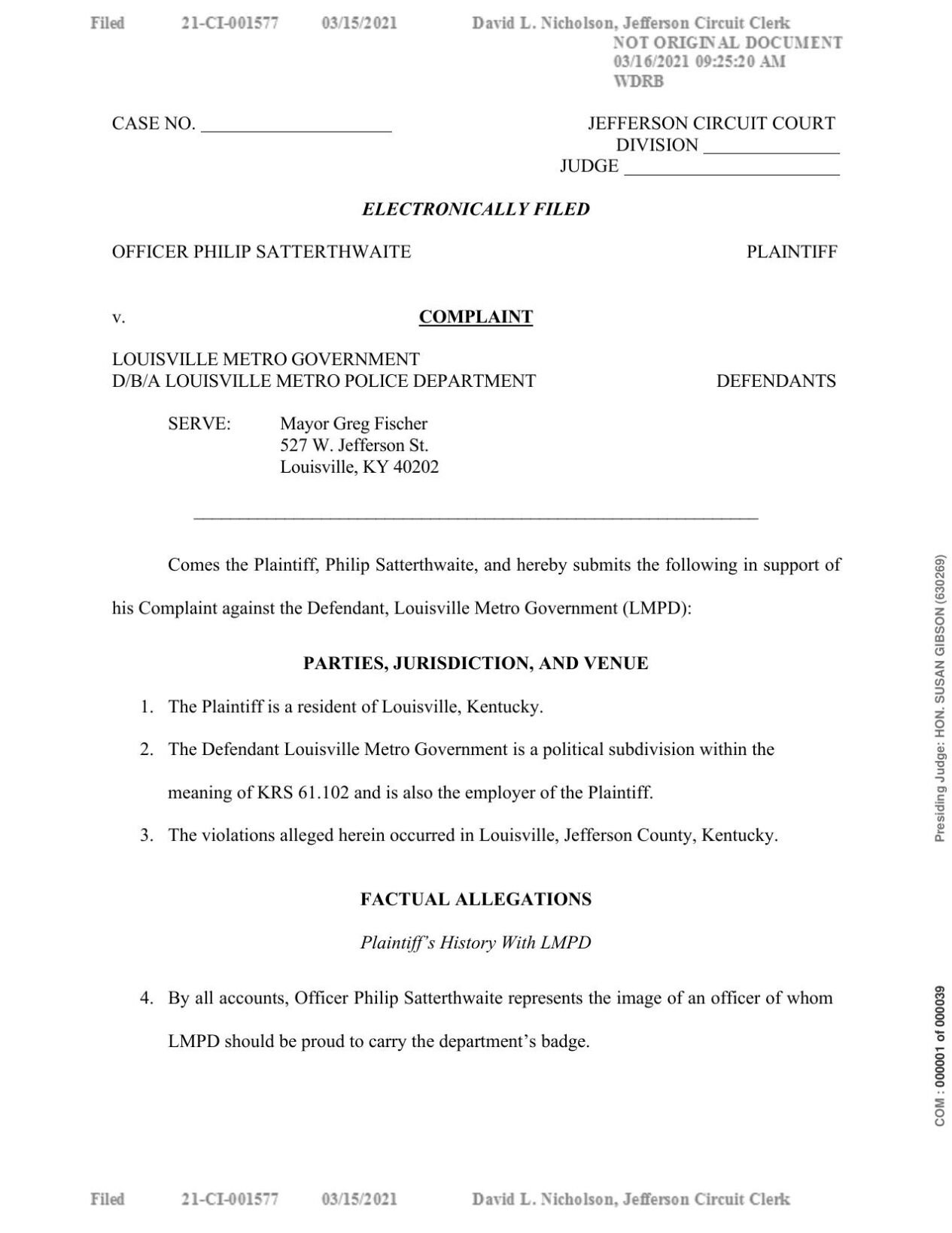 LAWSUIT: Satterthwaite vs LMPD