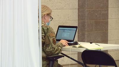 Indiana National Guard member works at computer