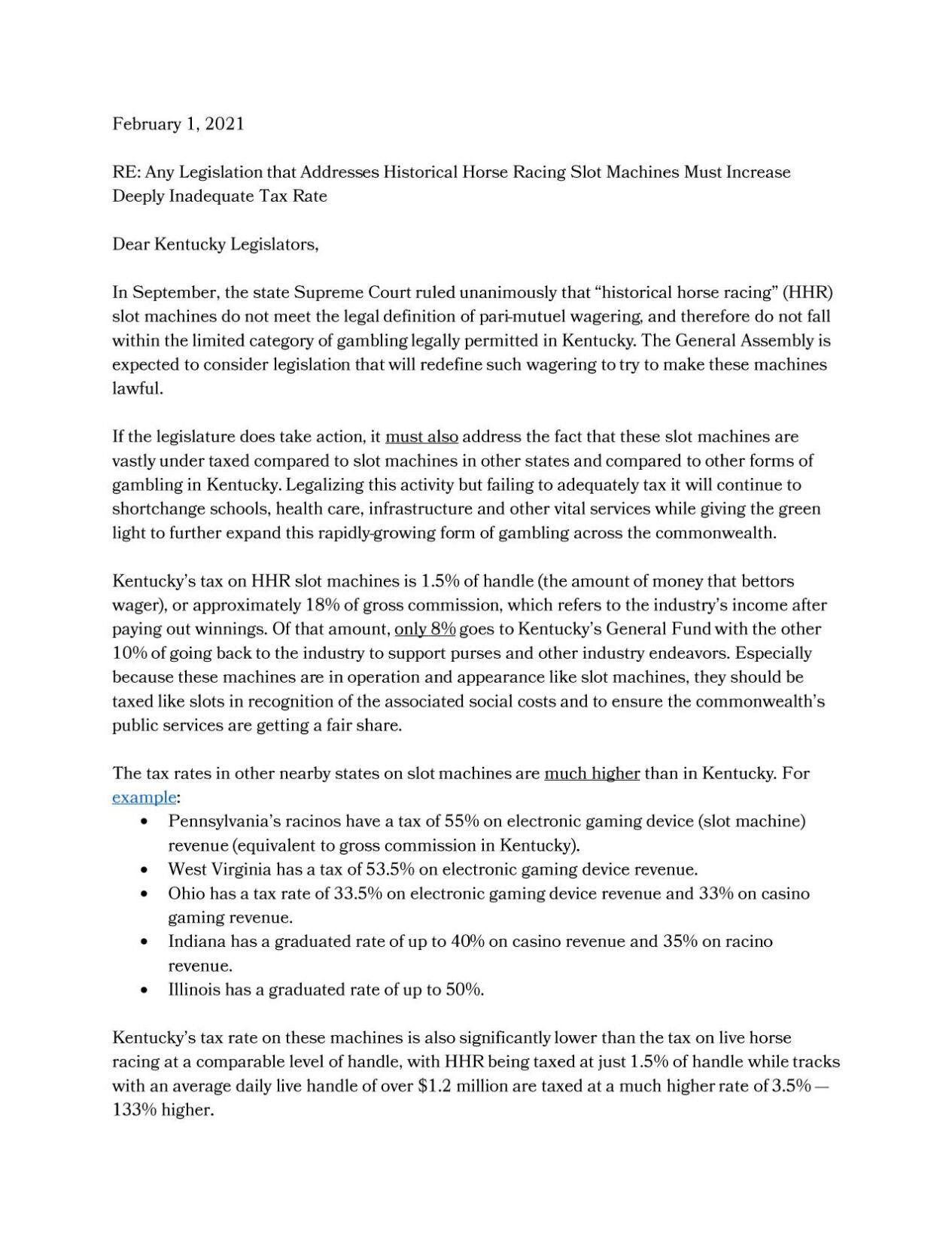 Coalition letter historical horse racing