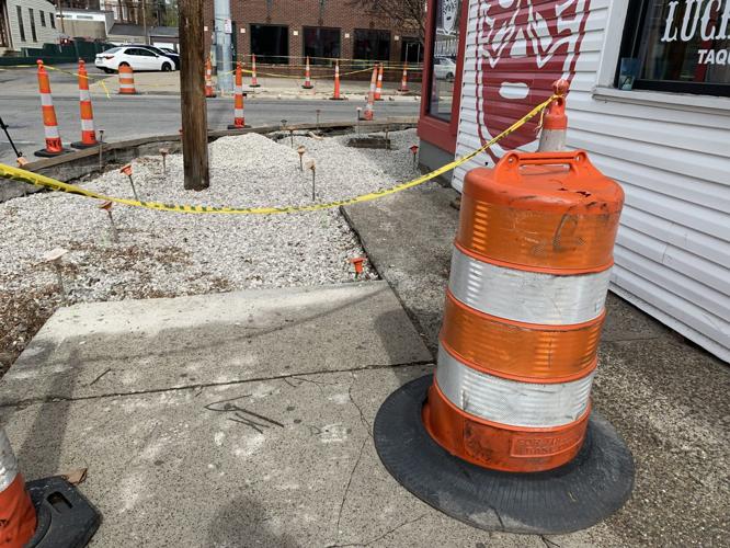 Construction blocking the sidewalk near Taco Luchador