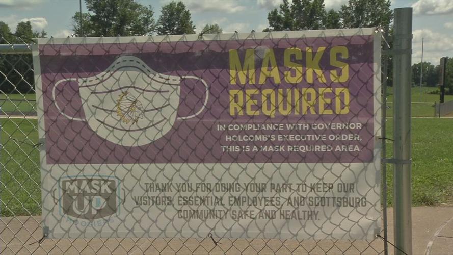 Mask sign at Scottsburg football vs. Lawrenceburg scrimmage