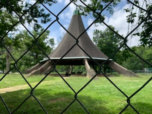The teepee at the Hogan's Fountain Pavilion in Cherokee Park
