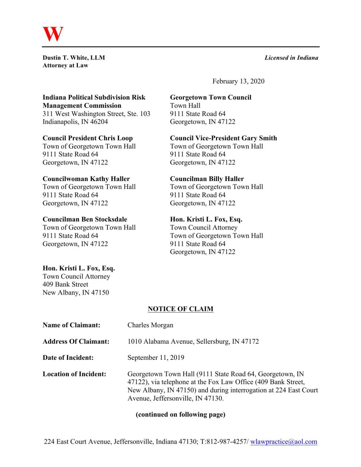 Sgt. Charlie Morgan tort claim Georgetown