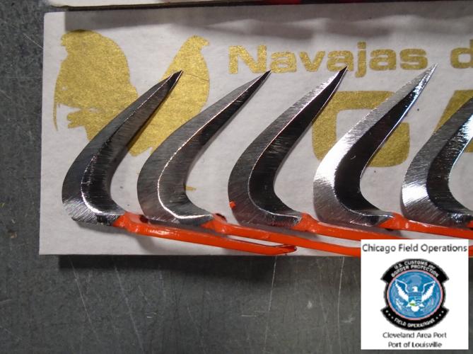 Cockfighting spurs seized by federal authorities at UPS Worldport in Louisville on Feb. 6, 2023