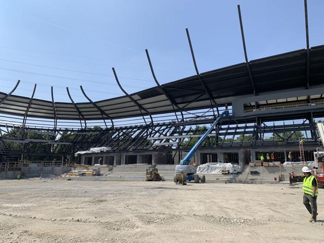 Crews finished laying the steel structure on the stadium roof