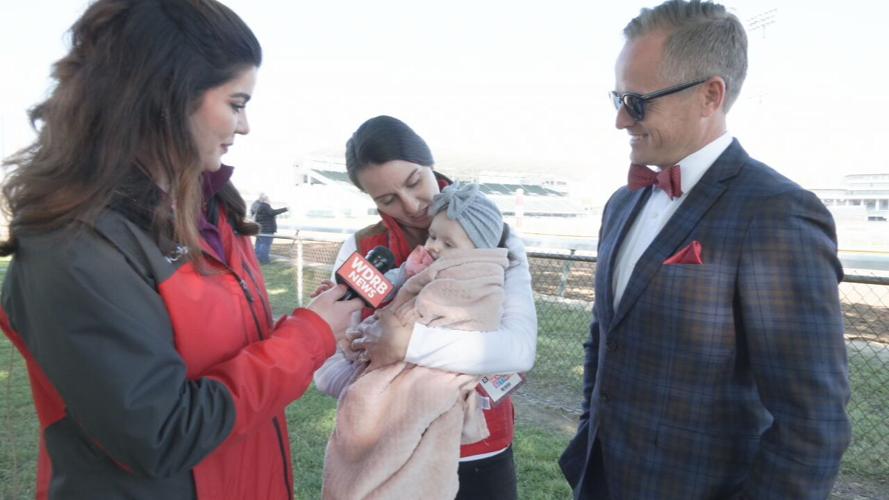 WDRB's Amanda Roberts with Megan, Lily and Kurtis Coady at Churchill Downs