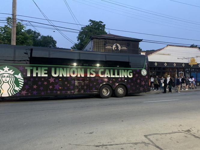 The Starbucks Workers United bus outside Sunergos on Preston Street in Louisville