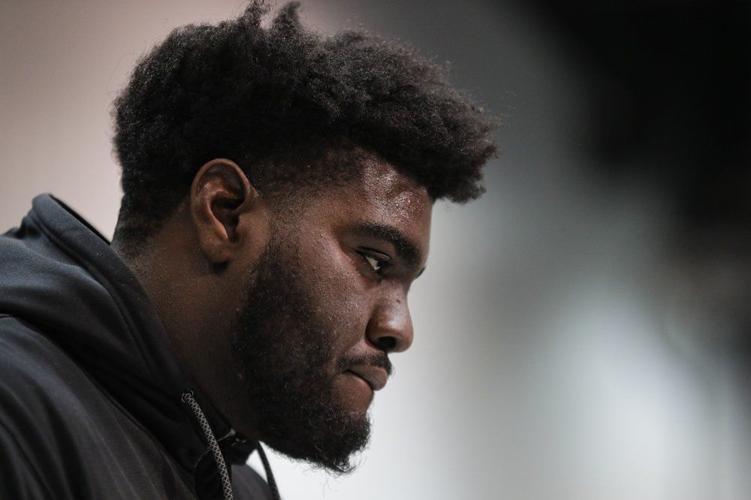Louisville offensive lineman Mekhi Becton speaks during a press conference at the NFL football scouting combine