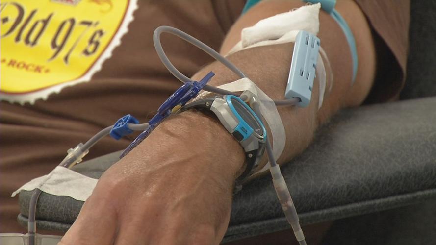 Close up on man giving blood at WDRB blood drive