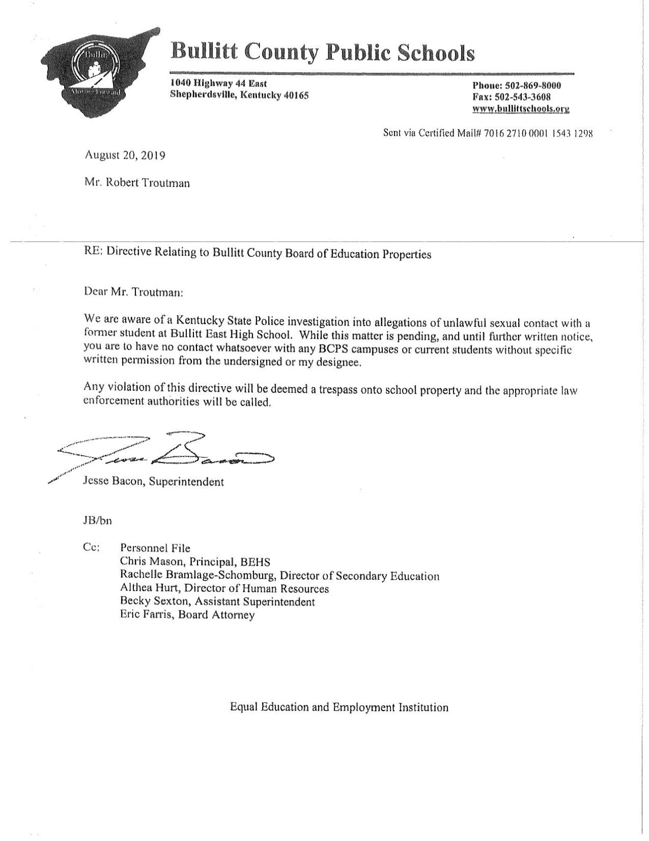 Robert Troutman Personnel Letter