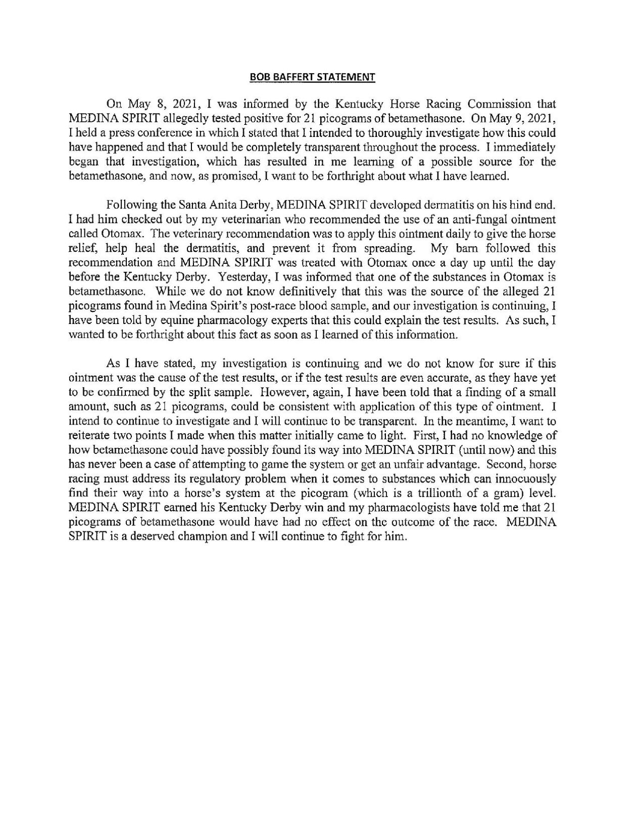 Bob Baffert Statement on Medina Spirit ointment 5-11-2021