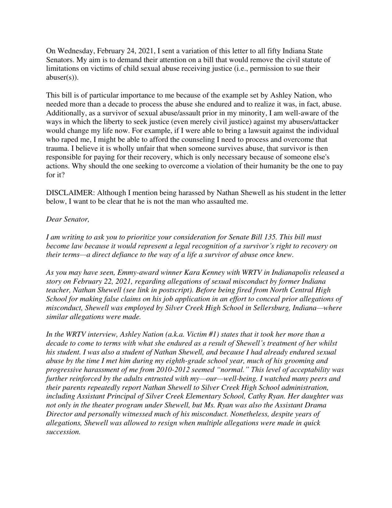 Letter to Indiana state Senators Feb. 2021