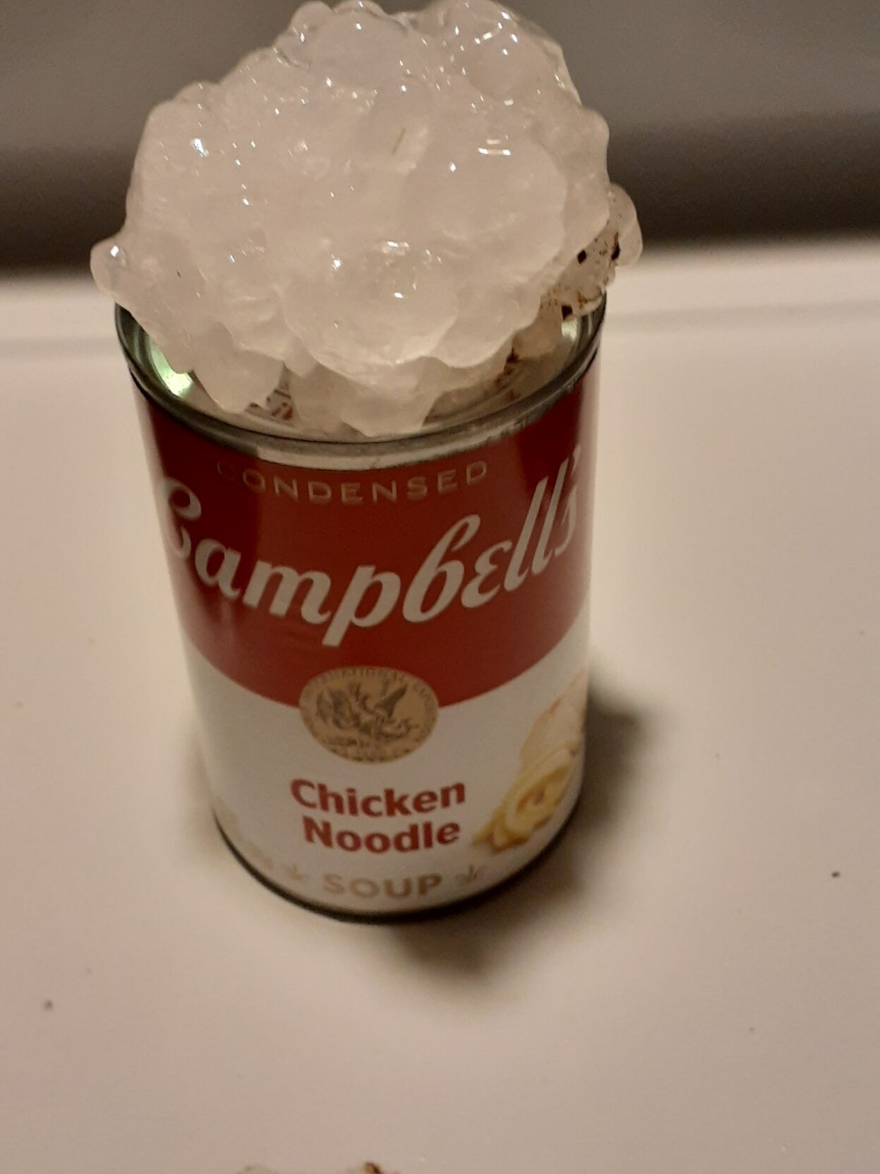 Hail on Campbells Soup can near casino