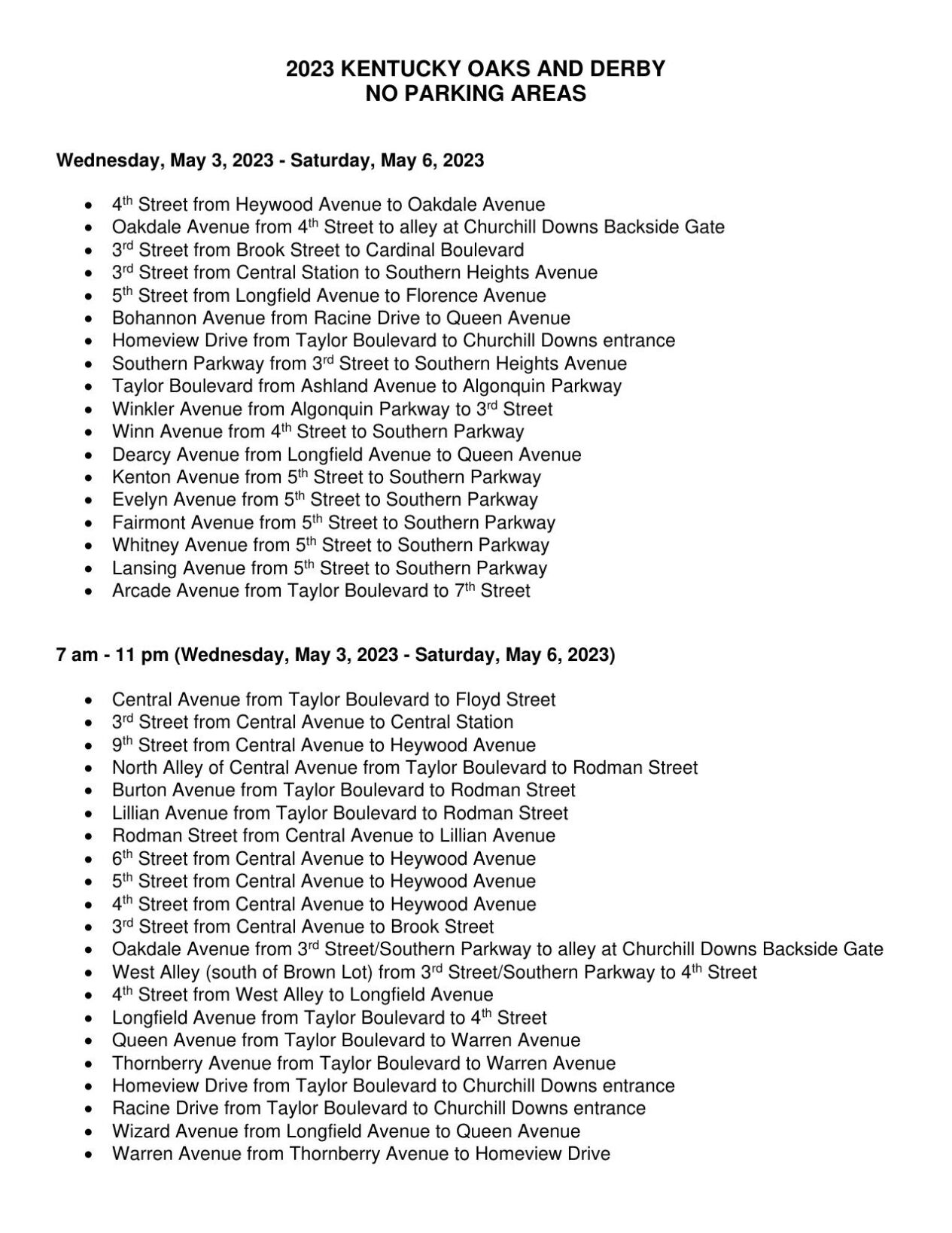 No parking areas for 2023 Kentucky Oaks and Derby