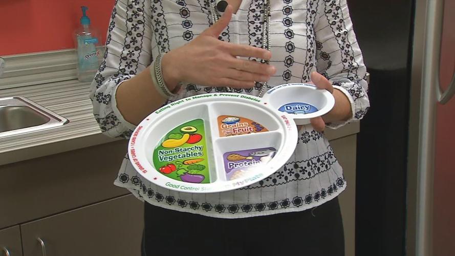 Plate labeled with healthy food items for children