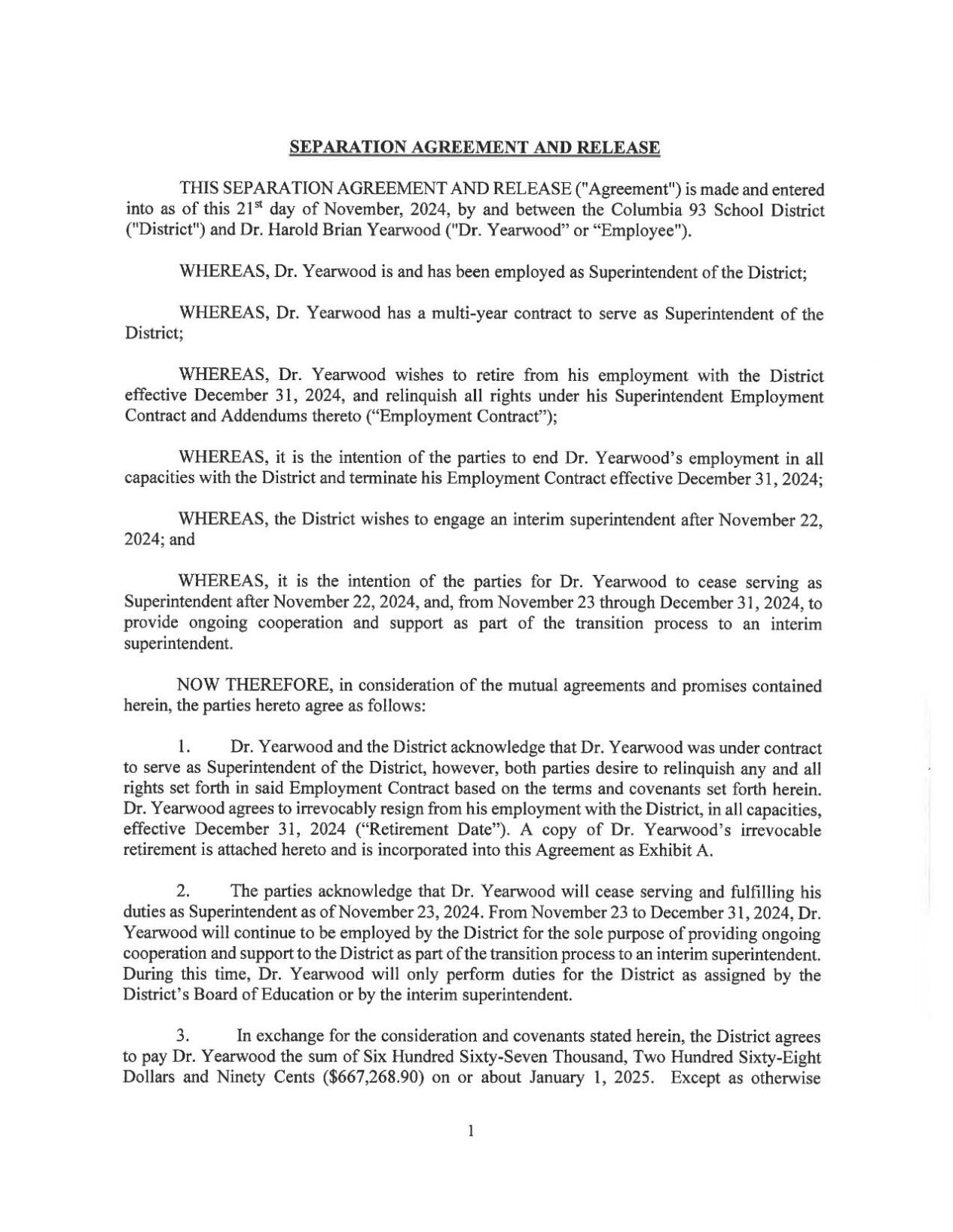 Harold Brian Yearwood Separation Agreement
