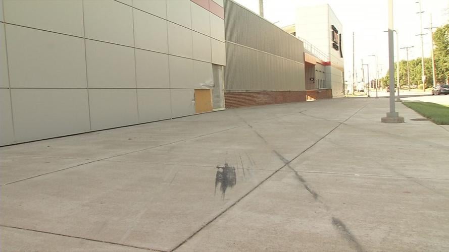 Tire tracks outside U of L's Mark & Cindy Lynn Soccer Stadium after police say Joseph Goldsmith crashed into it