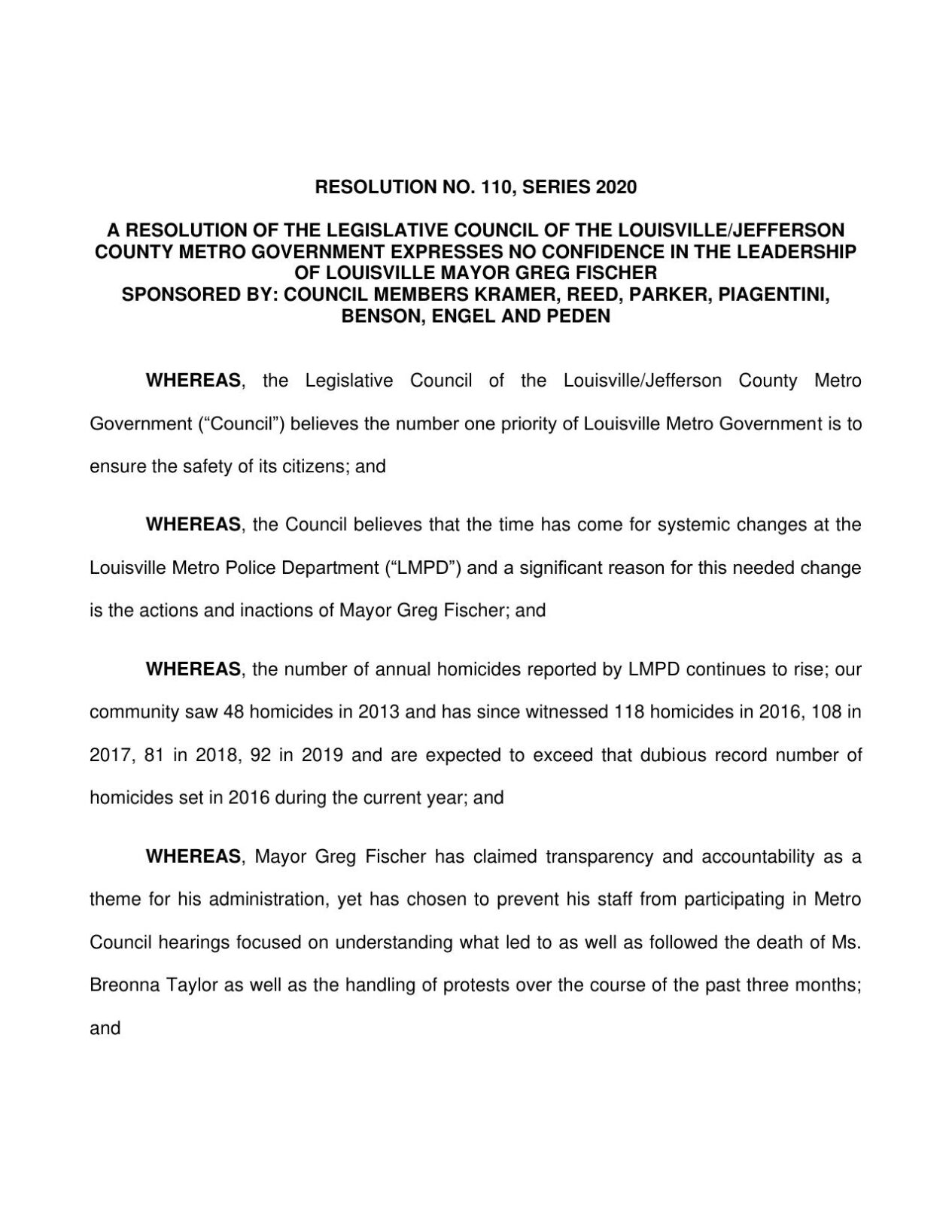 Metro Council no-confidence resolution regarding Mayor Greg Fischer