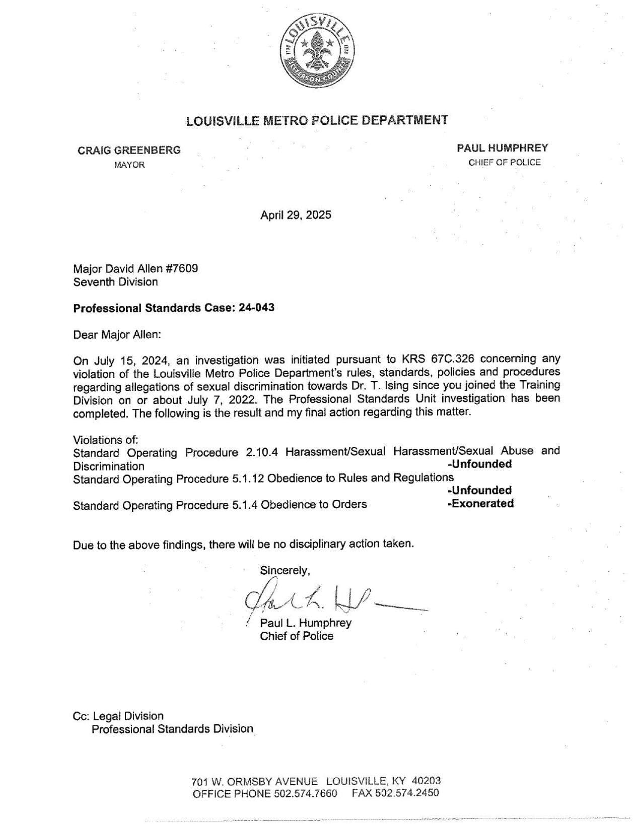 LMPD Major David Allen - Chief dismissal of gender discrimination