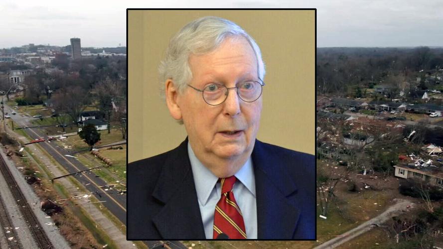 US Senator Mitch McConnell (background image: western Kentucky 2021 tornado damage)