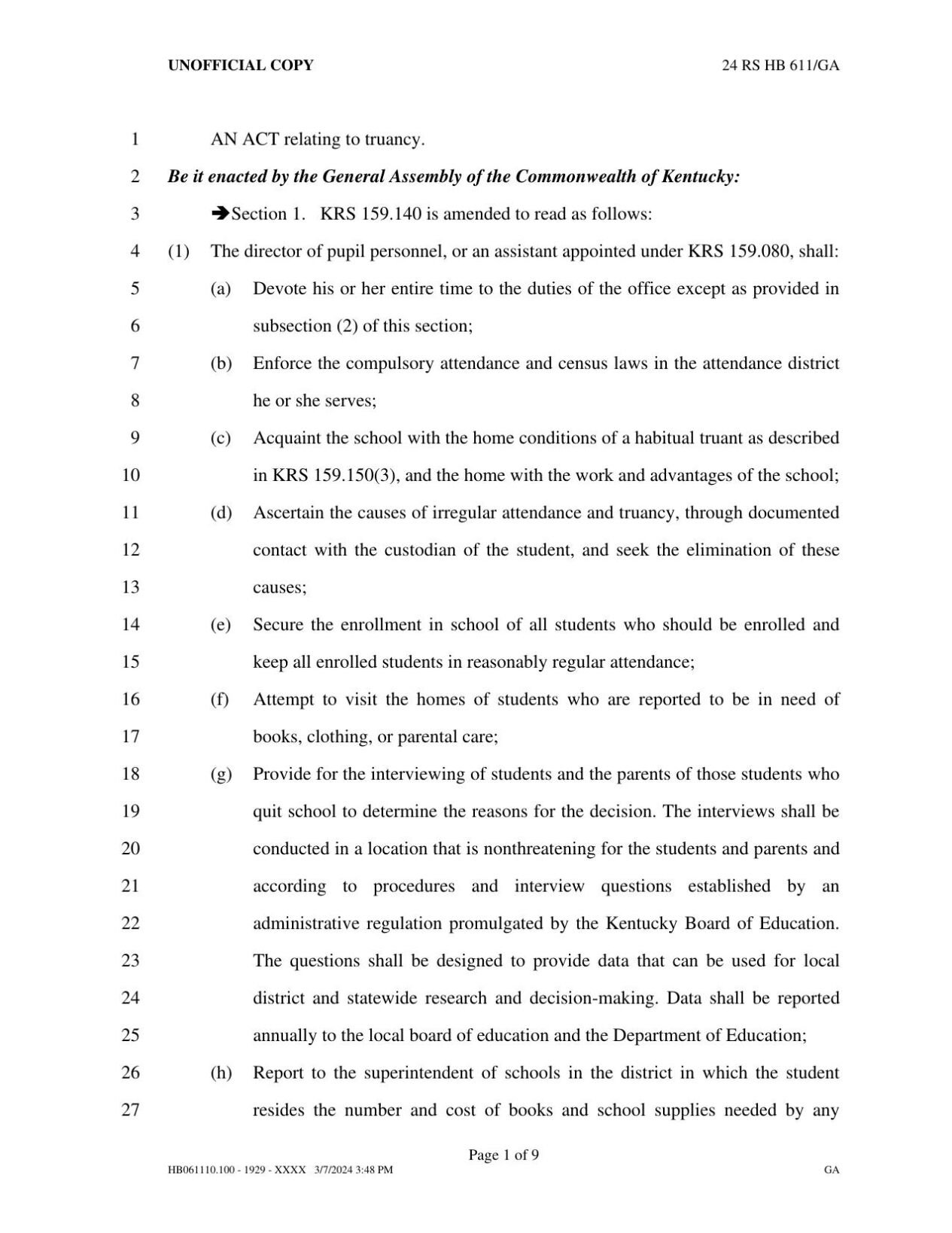 House Bill 611: Truancy