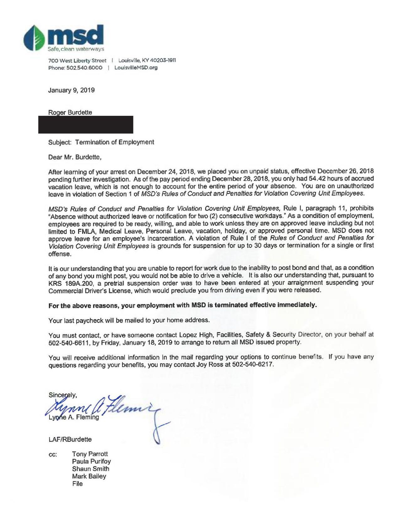 Roger Burdette termination letter