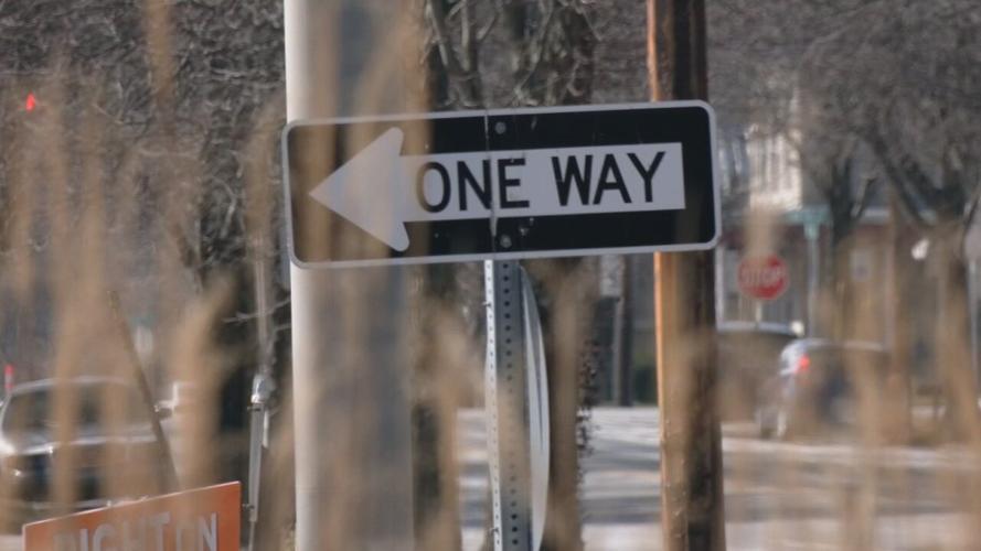 One-way sign at Spring Street in New Albany, Indiana