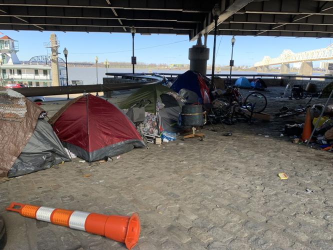 Homeless community in downtown Louisville near ramp