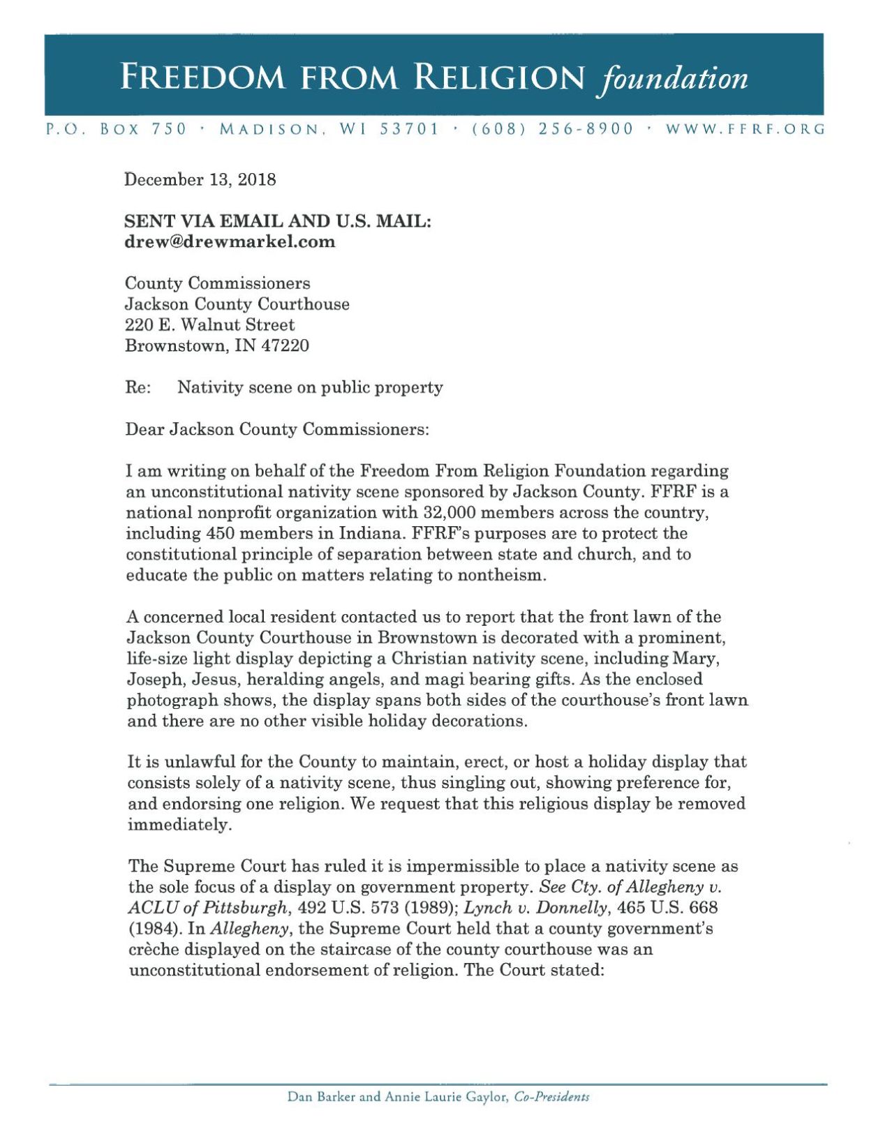 Freedom from Religion letter on Brownstown Nativity Scene dated 12-13-18