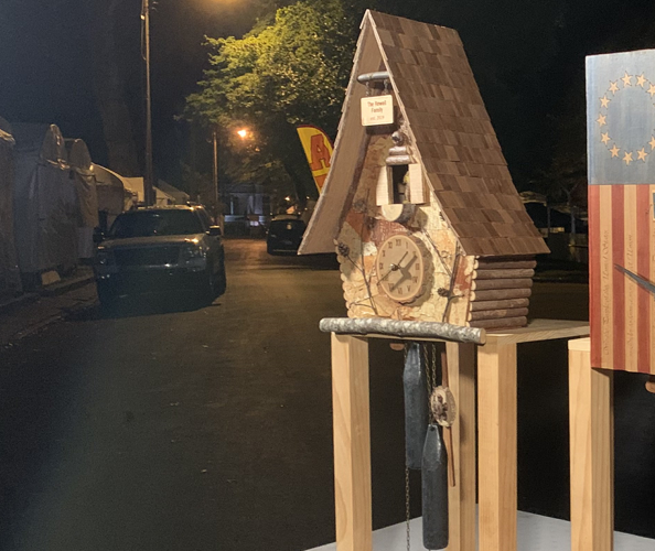 St. James Court Art Show - clock and American flag