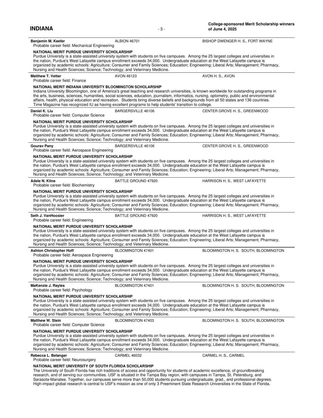 List of National Merit Finalists from Indiana in 2025