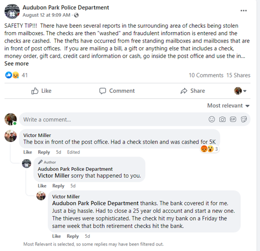 Audubon Park PD facebook post