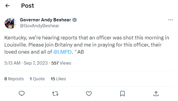 Governor Andy Beshear tweets about LMPD officer shot