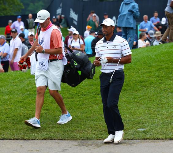Tiger Woods walks after 13th tee box.JPG