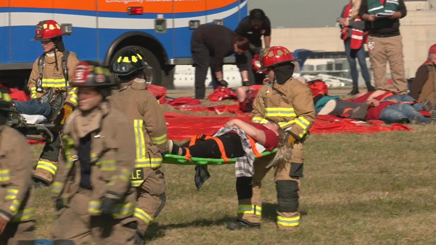 Flames pour during a simulated emergency at Louisville Muhammad Ali International Airport