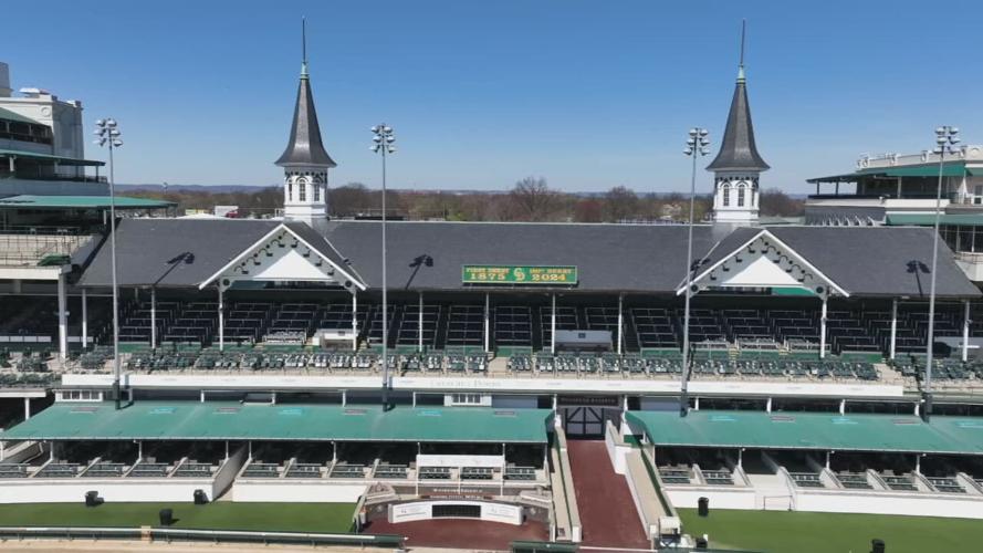 WDRB drone image shows the sign change at Churchill Downs ahead of Kentucky Derby 150