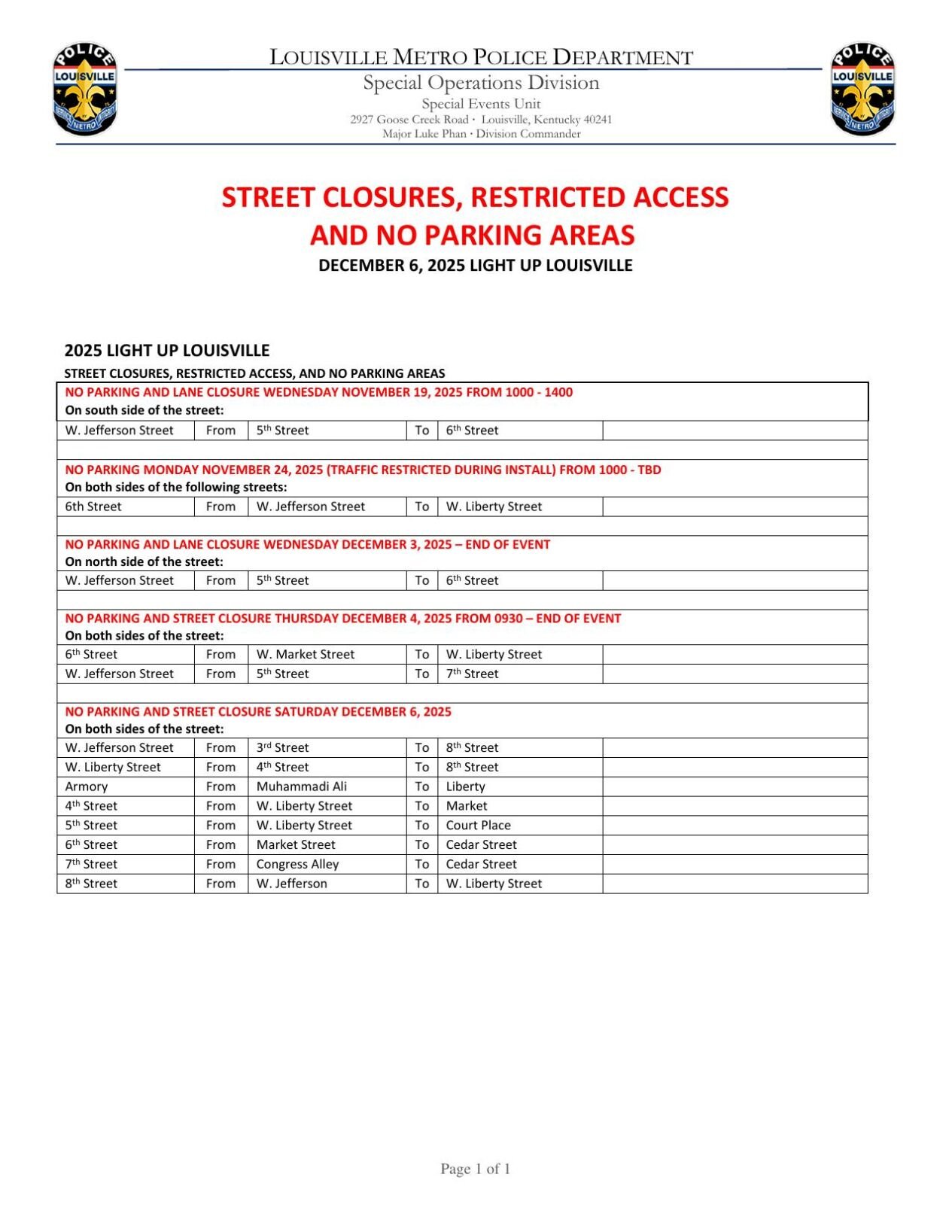 Light Up Louisville Street Closures