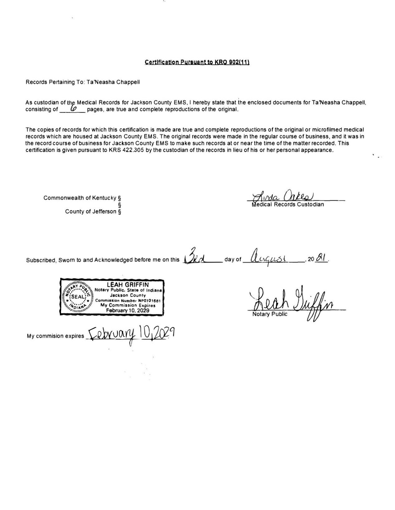 Jackson County EMS report for Ta'Neasha Chappell