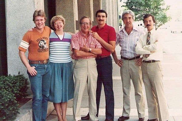 Perkey, Wayne 2nd from right with Bill Cody Liz Curtis Milton Metz Doug McElvein and Denny Nugent 1984 outside WHAS studio Chestnut St via TM.jpg